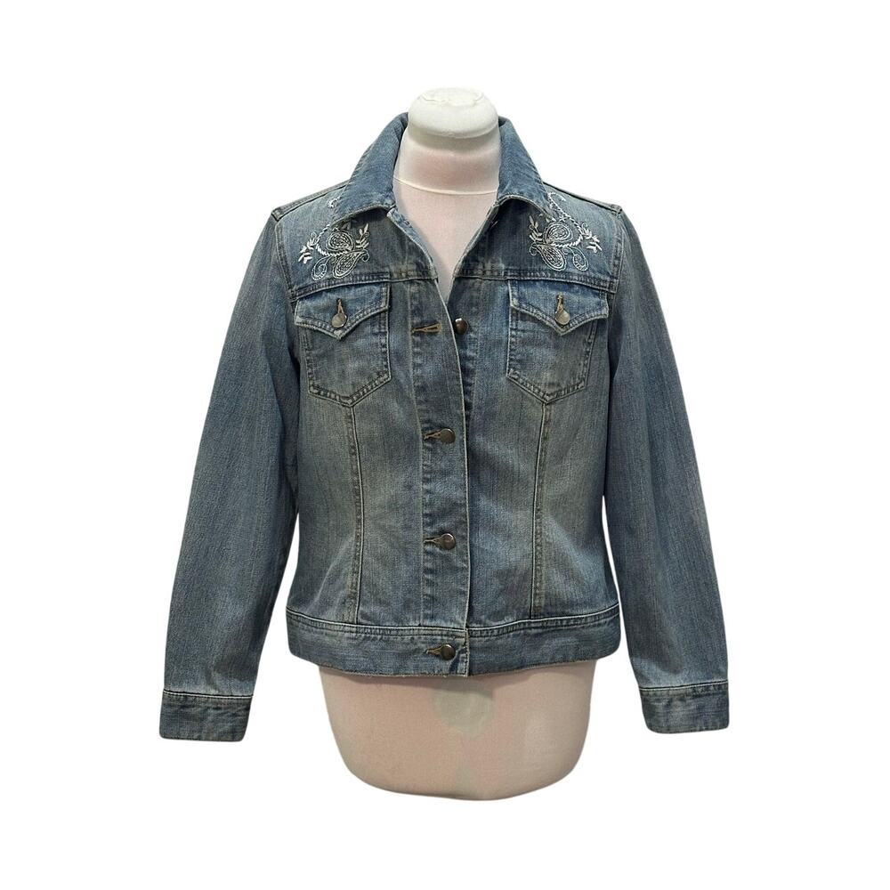 Denim Jacket Embroidered Paisley Print 8 P Boho Western Festival 100% Cotton